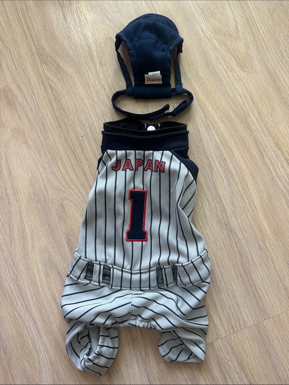 Japan Stripe Dog One-Piece Romper Halloween Costume  with Cap - Navy/White